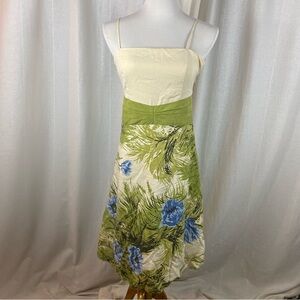 Ann Taylor Women’s 4 Midi Dress Floral Green Ivory Silk Blend Strappy‎ Wedding